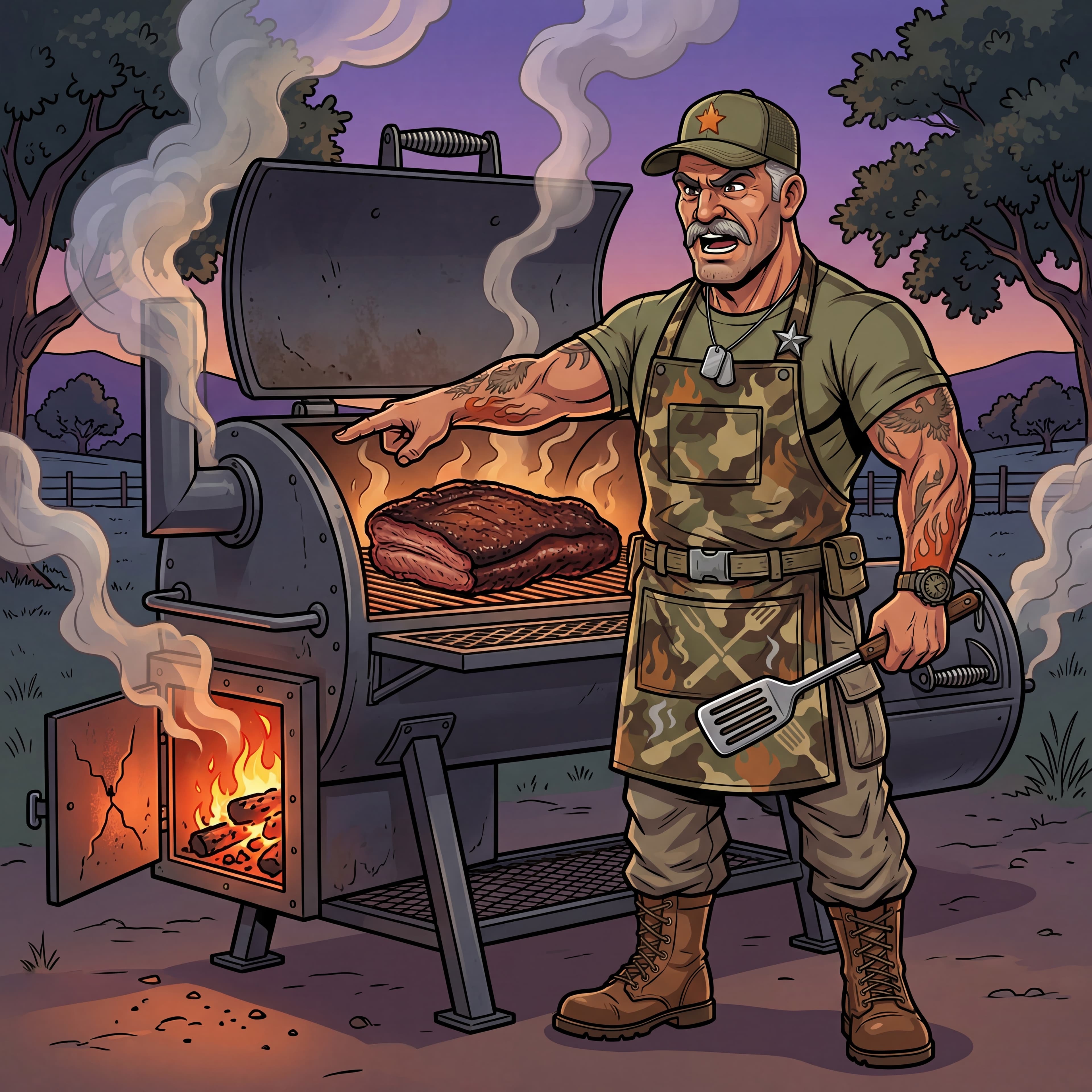 Major Wood standing watch over the pit, arms crossed, waiting out a brisket rest