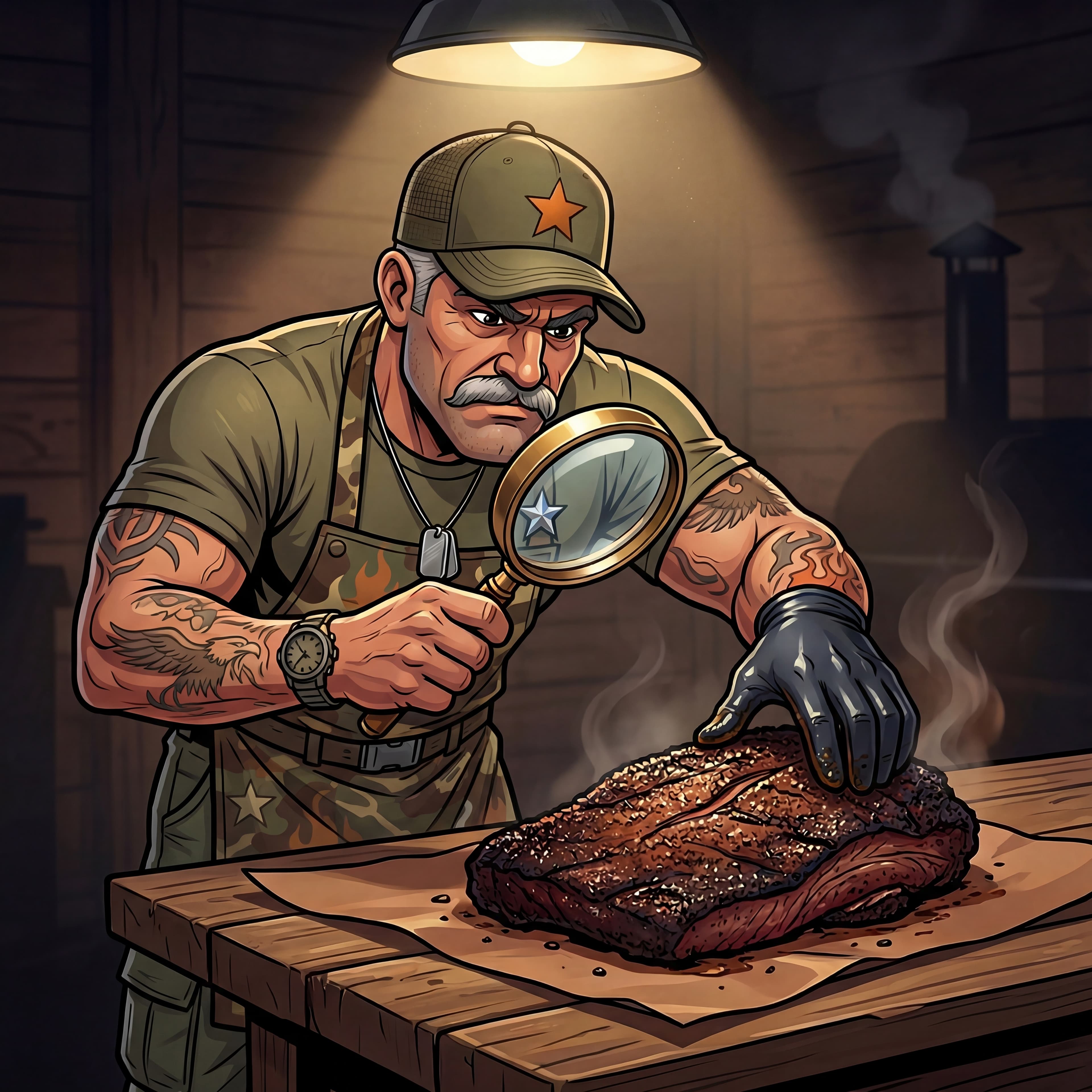 Major Wood inspecting a brisket with a magnifying glass, explaining USDA grading and marbling