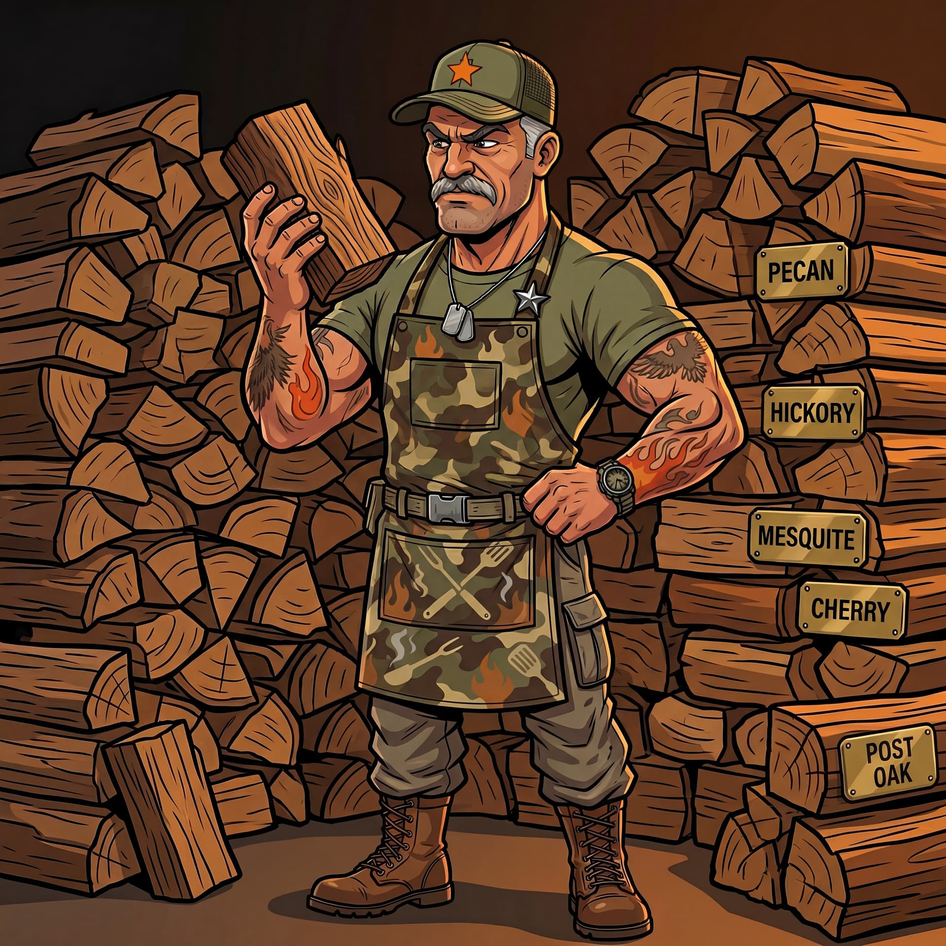 The Major selecting smoking wood for a cook
